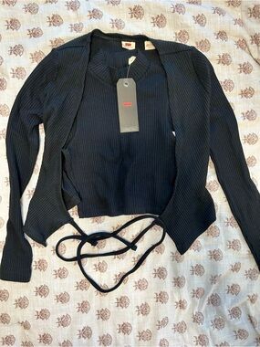 Levi's Black Ribbed Tie-Waist Women's Cardigan with Mock Neck Sweater Tank